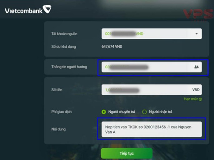 Ví dụ về nộp tiền VPS bằng cách chuyển khoản ngân hàng